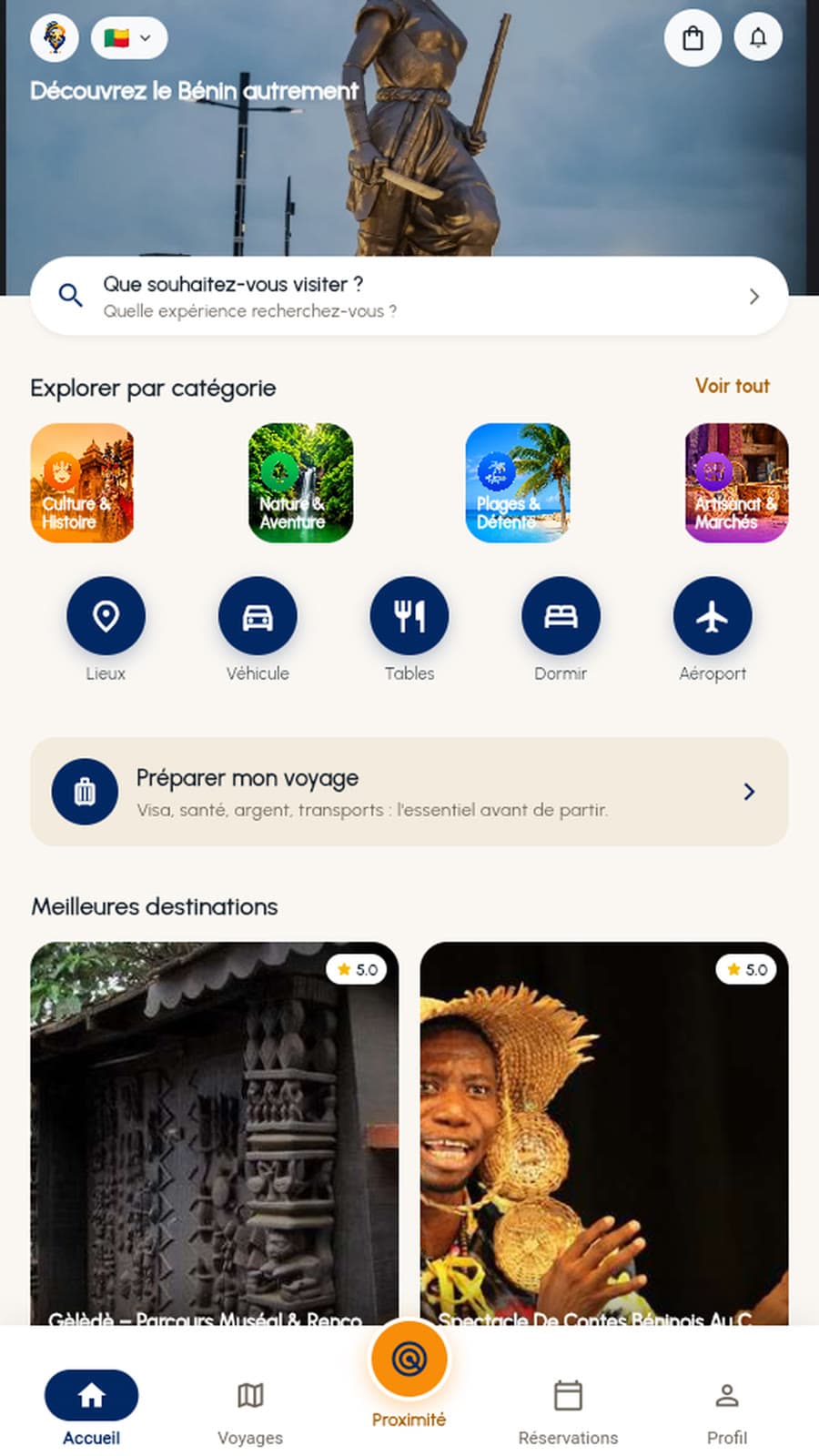 Écran d'accueil de Balise : recherche, catégories d'exploration et meilleures destinations