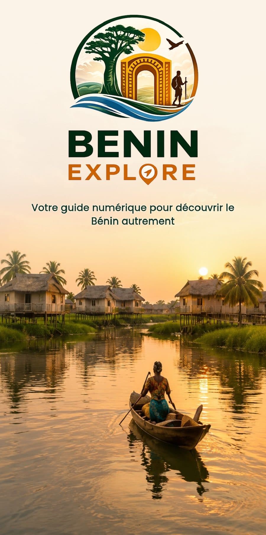 Écran de marque de Bénin Explore avec la baseline "Votre guide numérique pour découvrir le Bénin autrement"