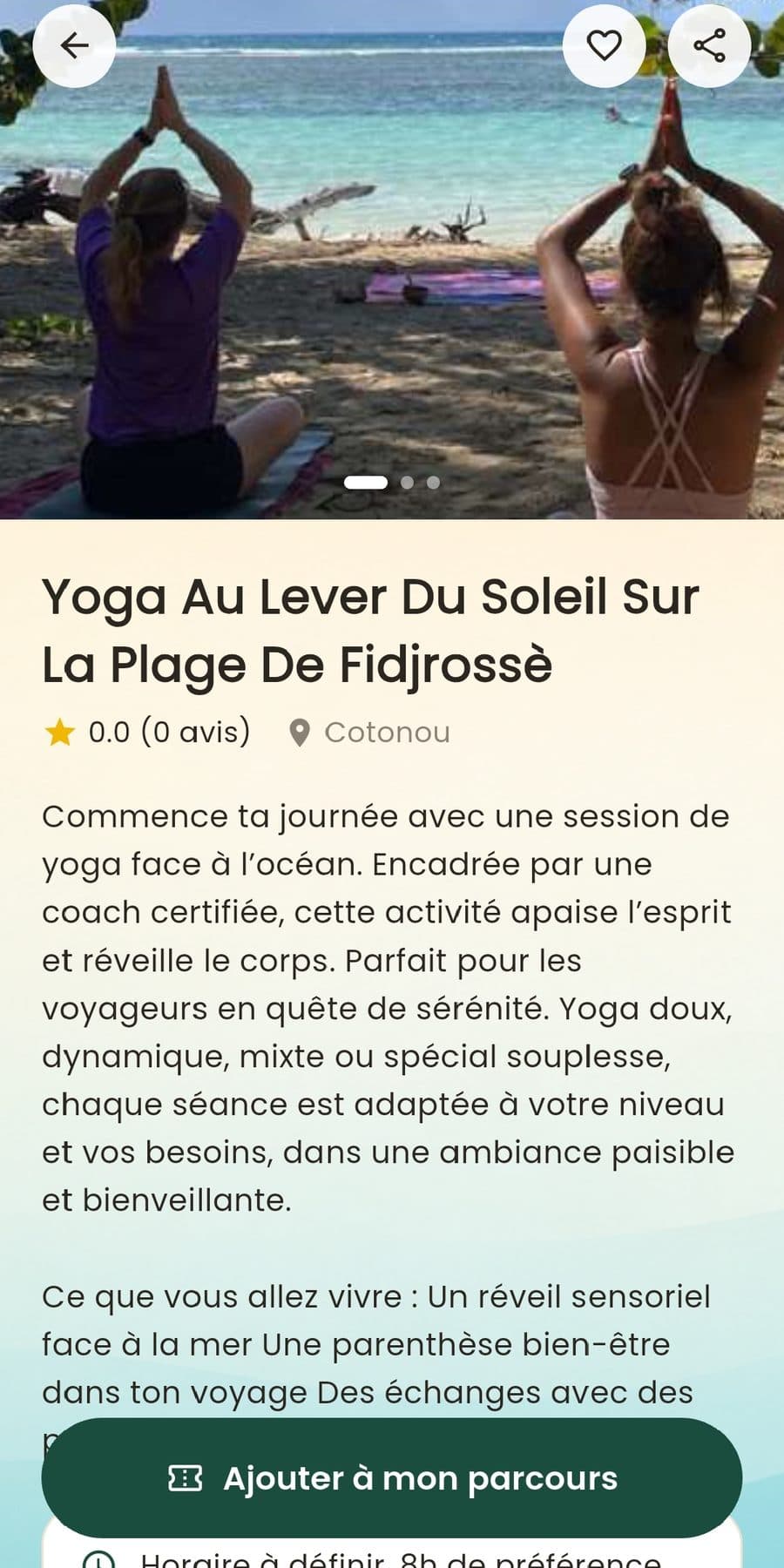 Fiche détaillée d'une activité, avec description et bouton d'ajout au parcours