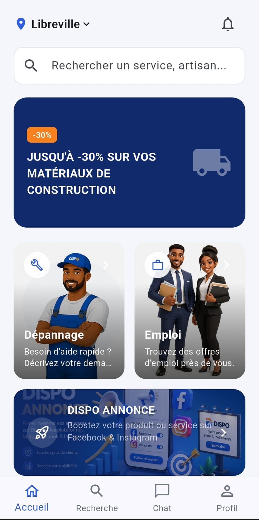Écran d'accueil de DISPO à Libreville, avec les services Dépannage, Emploi et le module DISPO ANNONCE