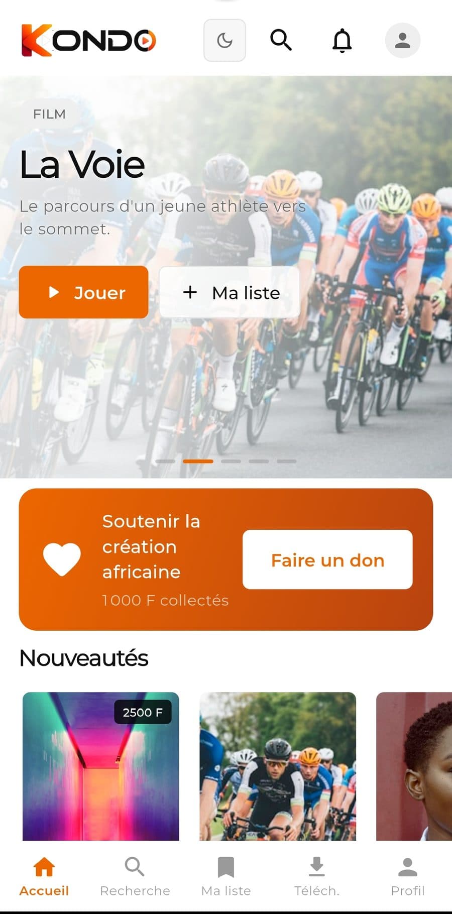 Écran d'accueil de KONDO en mode clair, avec un film à la une et le bandeau de soutien à la création africaine
